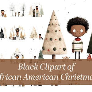 Clipart afroamericano di un bellissimo Natale nero. Natale afroamericano con bambini e adulti neri in un set di clipart nero.