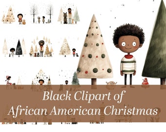May include: A digital illustration of a Black family celebrating Christmas. The illustration features a family of four standing in front of a decorated Christmas tree. The family are dressed in winter clothing and smiling. The illustration is set against a snowy background.