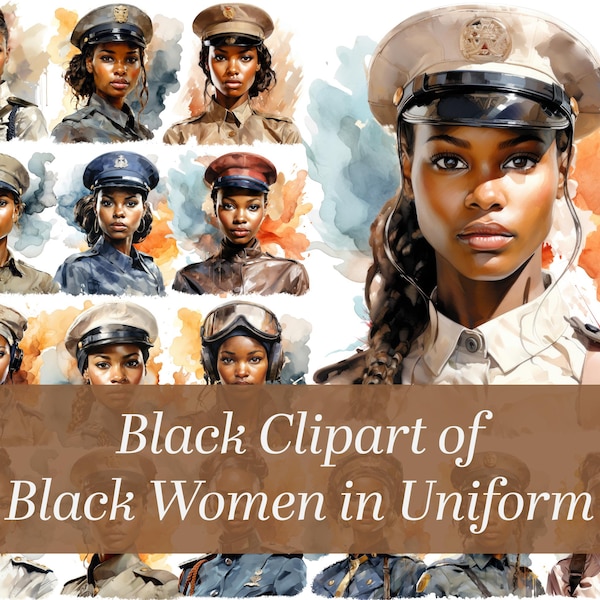 Black Clipart set showing beautiful brave African American women posing in their military uniforms.  Watercolor clipart set.