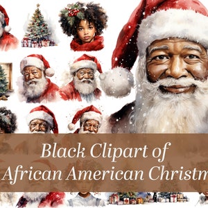 African American Christmas Clipart: Watercolor Black Santa, Trees (Digital Download)