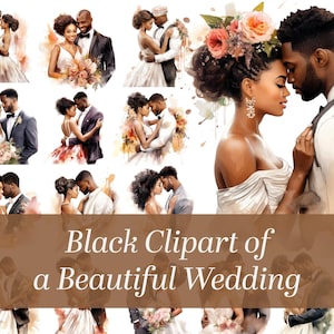 Clipart afroamericano. Bellissimi sposi afroamericani in clipart ad acquerello. Clipart di matrimonio.