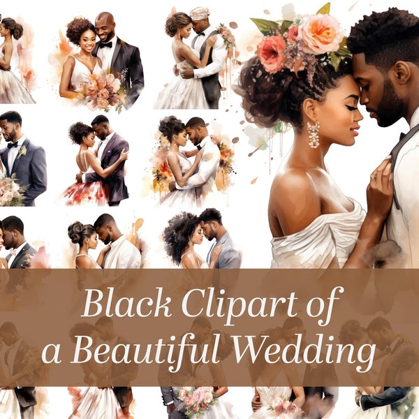 African American clipart. Beautiful African American bride and groom in watercolor clipart. Wedding clipart.
