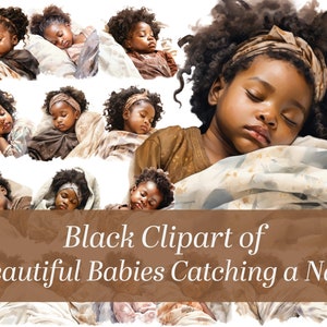 Clipart aquarelle afro-américaine de belles filles noires infantiles ayant une belle longue sieste. Clipart noir. Décor de pépinière.