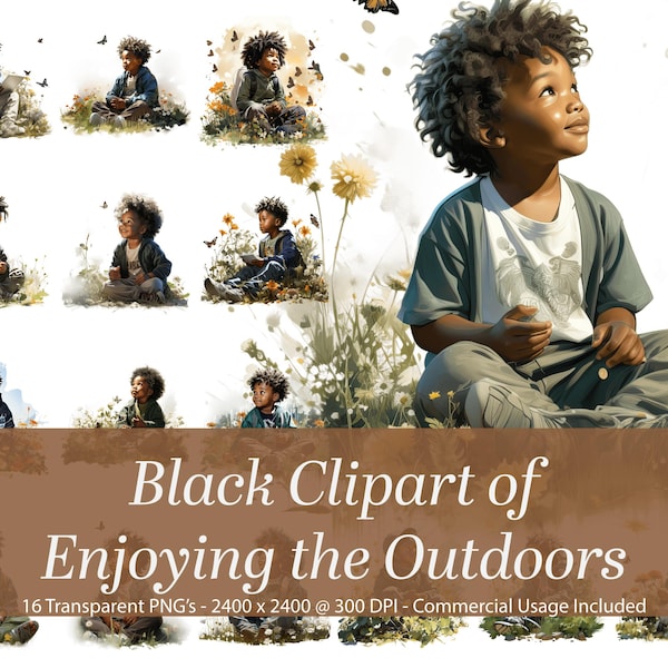 Clipart of Young African American Boys Enjoying the Great Outdoors.  Black People Clipart. African American Clipart. Childrens Clipart.