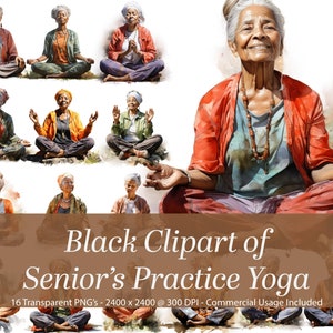 Donne senior afroamericane che godono dello yoga. Clipart di persone di colore. Salute e benessere. Anziani neri. Clipart per il download digitale.