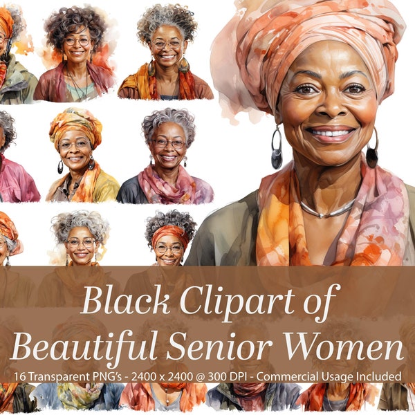 African American Clipart of Beautiful Senior Black Women.  Black Clipart, Seniors Clipart, Commercial Use, PNG Images, Transparent.