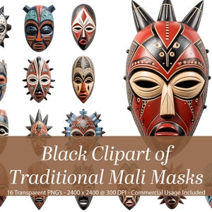 Clipart di maschere tradizionali africane del Mali, illustrazioni, PNG trasparente. Cultura e storia nera. Clipart afroamericano.