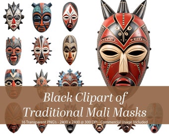 Mali afrikansk mask akvarell Clipart: Kulturella PNG-illustrationer