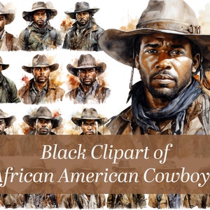 African American Clipart of Wild West Cowboys in Watercolor Clipart format. Rugged Handsome men proudly wearing their cowboy hat in clipart.