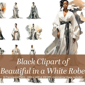 Black clipart of beautiful African American woman posing in beautiful white Kimono robes.  Black Women clipart, African clipart, clip art.
