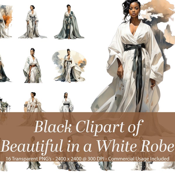 Black clipart of beautiful African American woman posing in beautiful white Kimono robes.  Black Women clipart, African clipart, clip art.