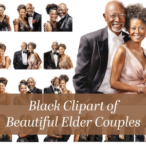 Imágenes Prediseñadas negras. Pareja afroamericana de edad avanzada celebrando su aniversario en este hermoso conjunto de imágenes prediseñadas de acuarela.