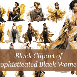 Clipart afro-americano. Mulheres negras lindas e sofisticadas em clipart aquarela. Clipart preto.