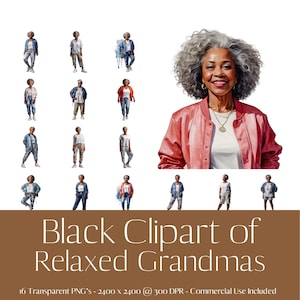 African American Clipart of Senior Grandma Dressed in Relaxed Clothing.  Black People CLipart, Sublimation, Transparent PNG, Commercial Use.