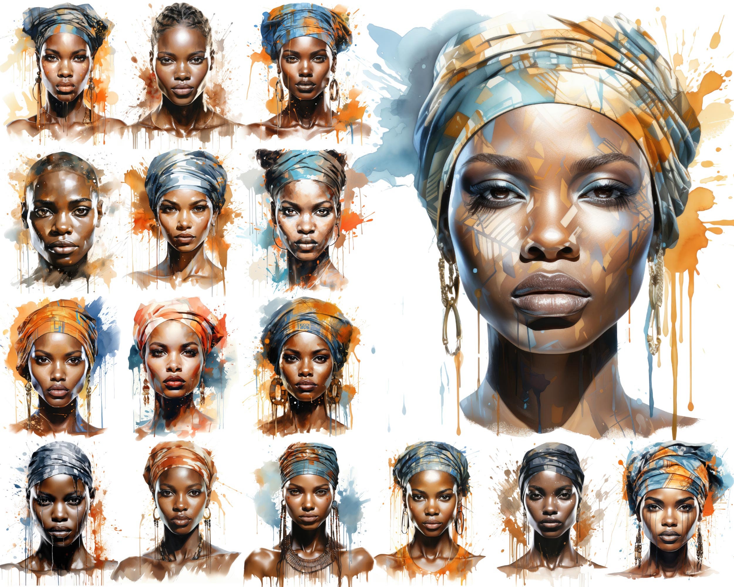 African American Women Watercolor Portrait Clipart Set (digital ...