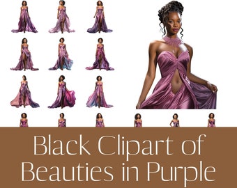 Purple Gown Black Woman Clipart: Elegant Fashion Girl PNG (Digital Download)