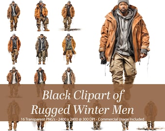 May include: A digital illustration clipart set of 16 black men wearing winter clothing. The men are wearing brown, black, and gray jackets, pants, and hats. The men are standing in various poses.