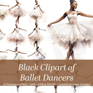 May include: A set of 16 digital illustrations of Black ballet dancers in various poses. The dancers are wearing white tutus and are set against a white background. The images are high-resolution and perfect for use in digital projects.