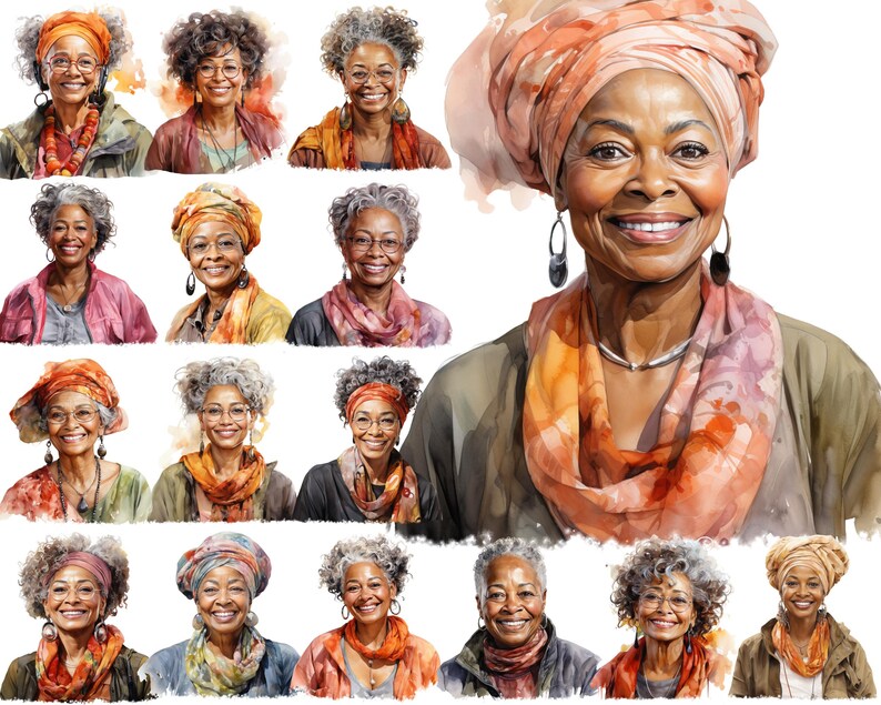 Watercolor African American Senior Women Clipart: PNG Images ...