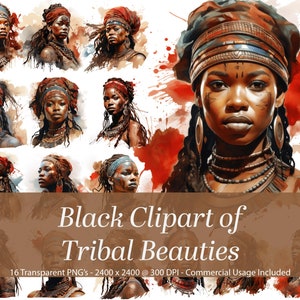 Clipart africana di belle donne tribali. Persone di colore. Donne nere. Clipart etnico. Uso commerciale. Abito tribale e pittura per il viso.