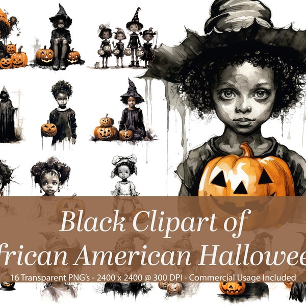 African American Halloween Clipart. Dark and scary clipart of Black people in victorian costumes with pumpkins celebrating halloween.