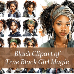 Black Girl Magic Watercolor Clipart Set - Clipart afroamericano di ragazze adolescenti molto carine - True Black Girl Magic - Black Teen Girl Clipart