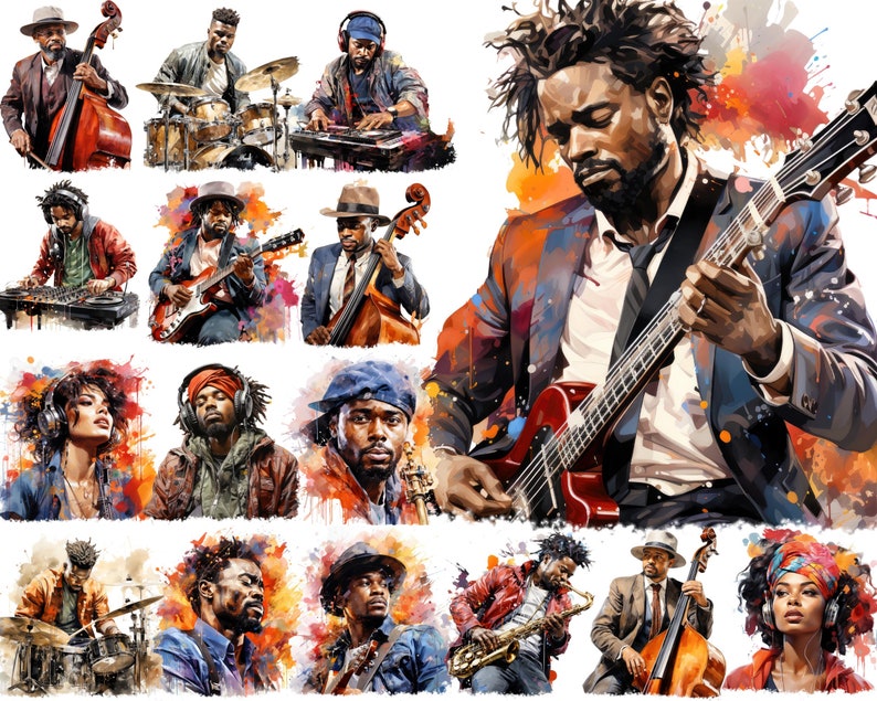 Afroamerikansk musiker akvarell clipart (transparent PNG) bild 2