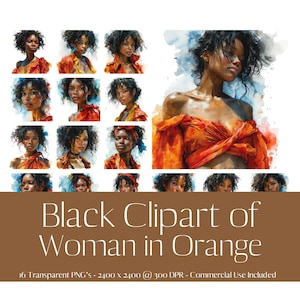 Clipart of beautiful African American woman dressed in orange.  Digital Download.  Black Clipart.  Black Women Clipart. Commercial Use.