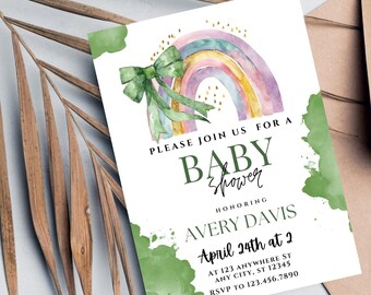 Editable Gender Neutral Baby Shower Invitation | Minimalist Beige Bow Design | Customizable Template | Coquette Baby Shower | Canva