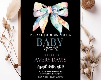 Editable Gender Neutral Baby Shower Invitation | Minimalist Beige Bow Design | Customizable Template | Coquette Baby Shower | Canva