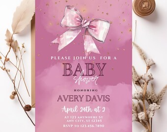 Pink Bow Baby Shower Invitation Template Printable, Baby Girl, Pink Coquette Baby Shower Invite, Baby Shower Invitation Girl Coquette Bow