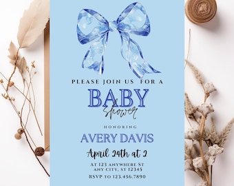 Editable Gender Neutral Baby Shower Invitation | Minimalist Beige Bow Design | Customizable Template | Coquette Baby Shower | Canva