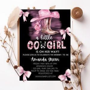 Editable Cowgirl Baby Shower Invitation Set A Little Cowgirl Baby Shower Invite Pack Wild West Western Girl Pink Outdoors Rodeo Country