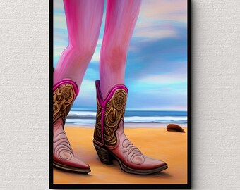 Coastal Cowgirl Digital Print, Cowgirl Digital Art, Coastal Cowgirl Printable Poster Print,Girly Digital Download Aesthetic Blue Pink