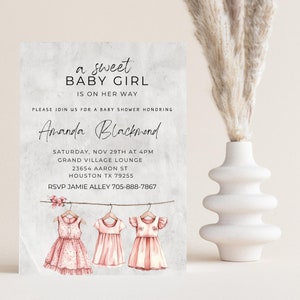 A Sweet Baby Girl is on Her Way Baby Shower Invitation, Pink Floral Clothesline Invite, Editable Baby Laundry Clothes Flower Dress Invite