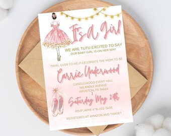 Tutu Baby Shower Invitation, Ballerina Baby Shower Invite Template, Its a Girl, Ballet Invitation, Pink Ballerina Baby Shower Invitation
