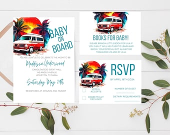 Suite de invitación para bebé a bordo, plantilla de invitación editable para baby shower de Surf Beach, baby shower de verano, paquete de invitación para baby shower