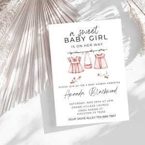 A Sweet Baby Girl is on Her Way Baby Shower Invitation, Pink Floral Clothesline Invite, Editable Baby Laundry Clothes Flower Dress Invite