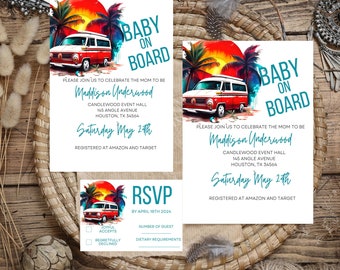 Suite de invitación para bebé a bordo, plantilla de invitación editable para baby shower de Surf Beach, baby shower de verano, paquete de invitación para baby shower