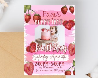 Picture Strawberry Invitation, Berry First Birthday Invite, Berry First Birthday Invitation, EDITABLE Pink Gingham Berry First Birthday