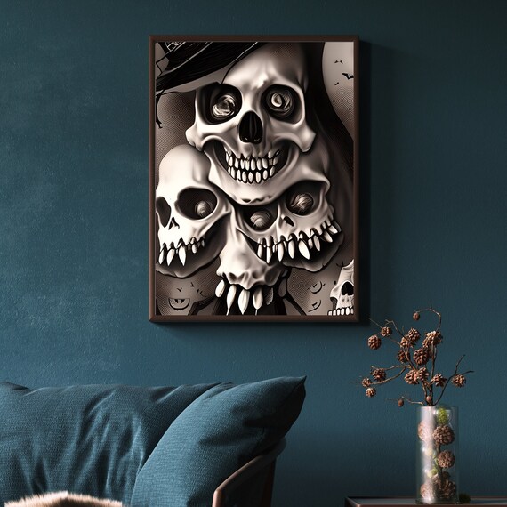 Spooky Skulls Halloween Art Print, Skeleton Printable, Skeleton Party Art, Skeleton Printable, Skeleton Prints, DIY Halloween Decor