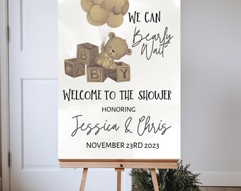 Gender Neutral We Can Bearly Wait Welcome Sign, Bear Theme Baby Shower Welcome Sign, Editable Welcome Sign Template