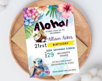 Tropical Birthday Party Invitation, Hawaiian Party Invite, Luau Birthday Party Invite, Hula Invitation, Pool Party Invitation Template