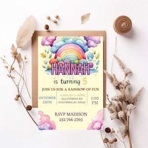 Girl Rainbow Birthday Invitation, Rainbow Invite Template, Modern/Boho Rainbow, Fun Girls Birthday Invitation Template, Editable Printable