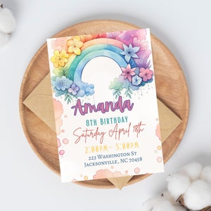 Rainbow Birthday Invitation, Pastel Rainbow Digital Invitation Template, Editable Rainbow Birthday Invitation, Boho Rainbow Birthday