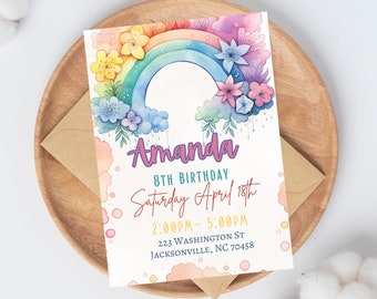 Rainbow Birthday Invitation, Pastel Rainbow Digital Invitation Template, Editable Rainbow Birthday Invitation, Boho Rainbow Birthday