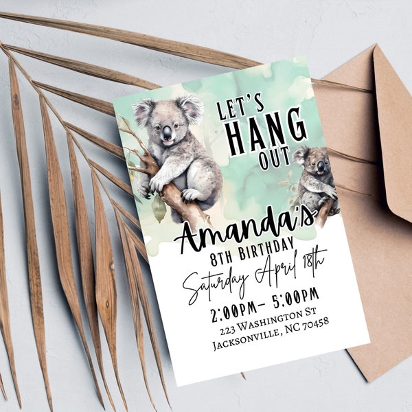 Let's Hang Out Koala Birthday Party Invitation, Jungle Birthday Invite Template, Koala Birthday Invite, Digital Invitation Template