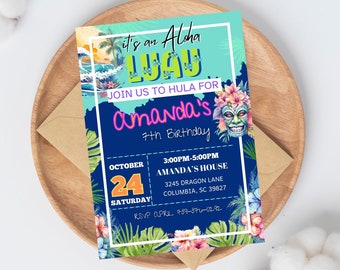 Luau Party Invitation, Pool Party Birthday Invite, Luau Hula Birthday Party Invitation, Editable Hawaii Birthday Invitation, Party Template