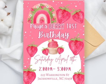 Editable Strawberry Invitation, Berry First Birthday Invite, Berry First Birthday Invitation, EDITABLE Pink Gingham Berry First Birthday