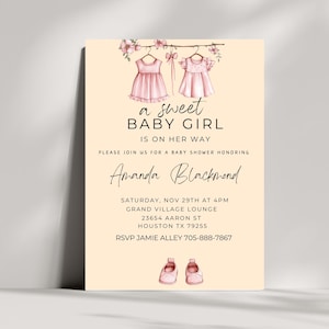 A Sweet Baby Girl is on Her Way Baby Shower Invitation, Pink Floral Clothesline Invite, Editable Baby Laundry Clothes Flower Dress Invite